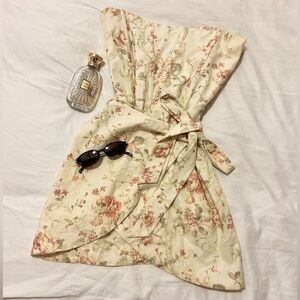 Anthropologie Floral Strapless Dress - Cream and Orange